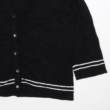 Viyella Women Black L V-Neck 3/4 Sleeve Striped Trim Cardigan