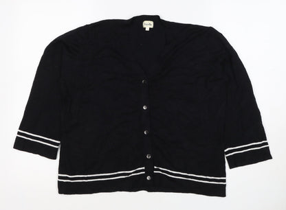 Viyella Women Black L V-Neck 3/4 Sleeve Striped Trim Cardigan