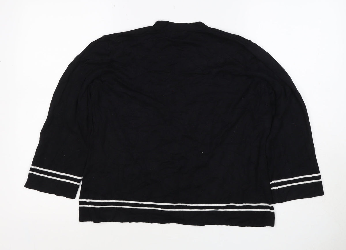 Viyella Women Black L V-Neck 3/4 Sleeve Striped Trim Cardigan