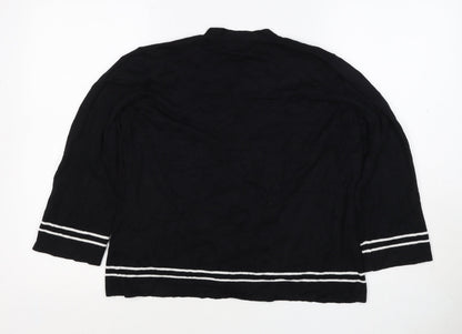 Viyella Women Black L V-Neck 3/4 Sleeve Striped Trim Cardigan
