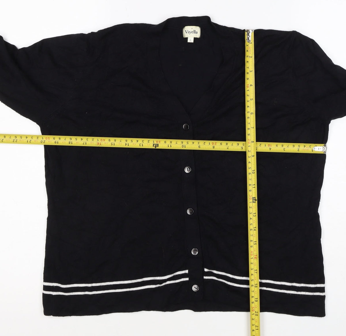 Viyella Women Black L V-Neck 3/4 Sleeve Striped Trim Cardigan