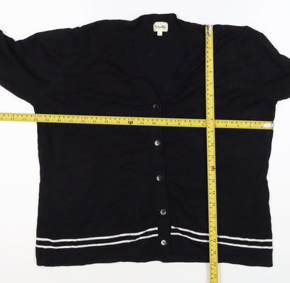 Viyella Women Black L V-Neck 3/4 Sleeve Striped Trim Cardigan
