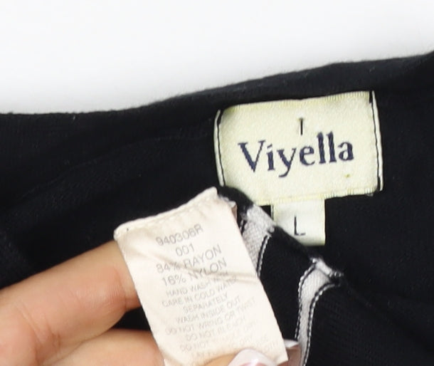 Viyella Women Black L V-Neck 3/4 Sleeve Striped Trim Cardigan