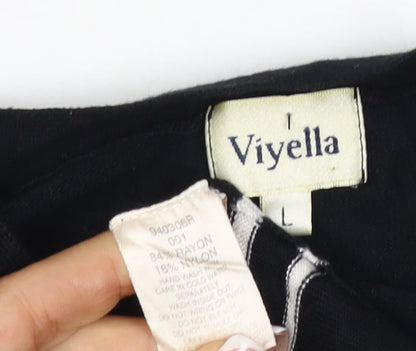 Viyella Women Black L V-Neck 3/4 Sleeve Striped Trim Cardigan