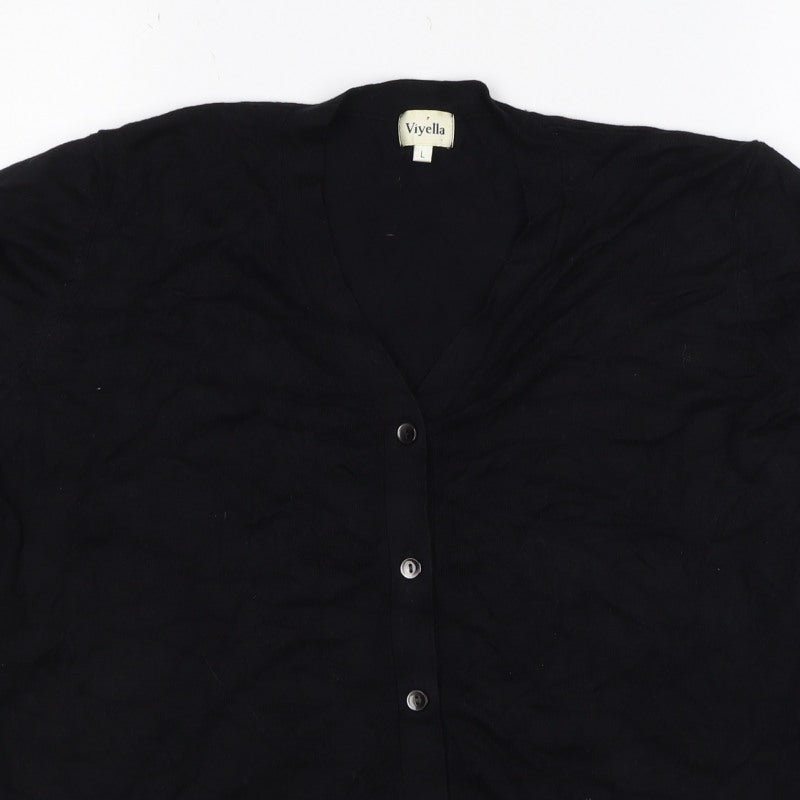 Viyella Women Black L V-Neck 3/4 Sleeve Striped Trim Cardigan