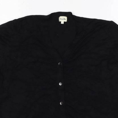 Viyella Women Black L V-Neck 3/4 Sleeve Striped Trim Cardigan