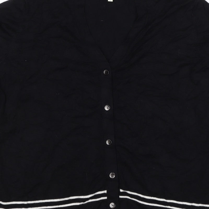 Viyella Women Black L V-Neck 3/4 Sleeve Striped Trim Cardigan