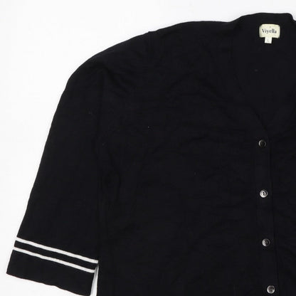 Viyella Women Black L V-Neck 3/4 Sleeve Striped Trim Cardigan