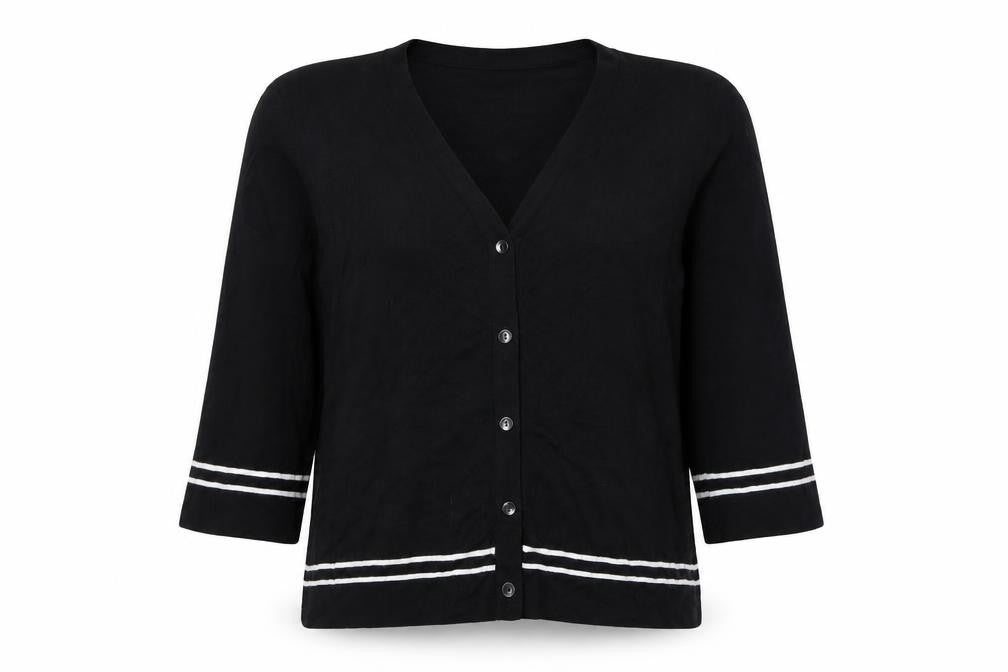 Viyella Women Black L V-Neck 3/4 Sleeve Striped Trim Cardigan