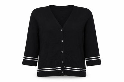 Viyella Women Black L V-Neck 3/4 Sleeve Striped Trim Cardigan