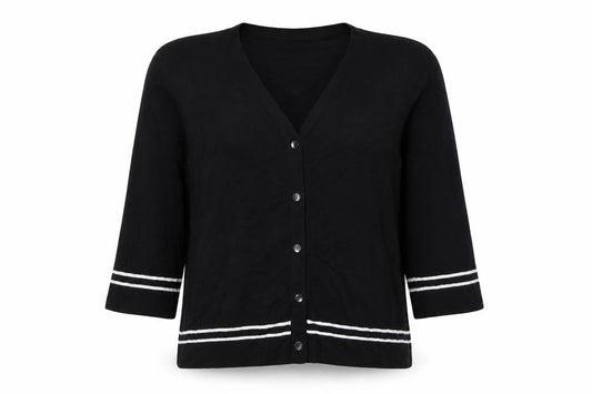 Viyella Women Black L V-Neck 3/4 Sleeve Striped Trim Cardigan