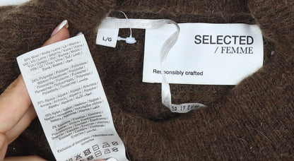 Selected Femme Women Brown L Wool Alpaca Blend Crew Neck Jumper
