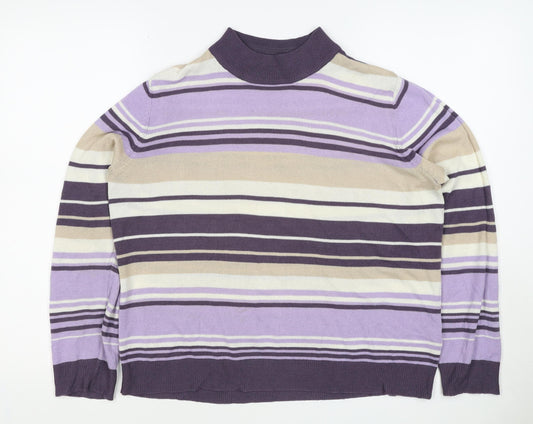 M&S Women Purple Striped Mock Neck Knit Pullover Jumper UK 14