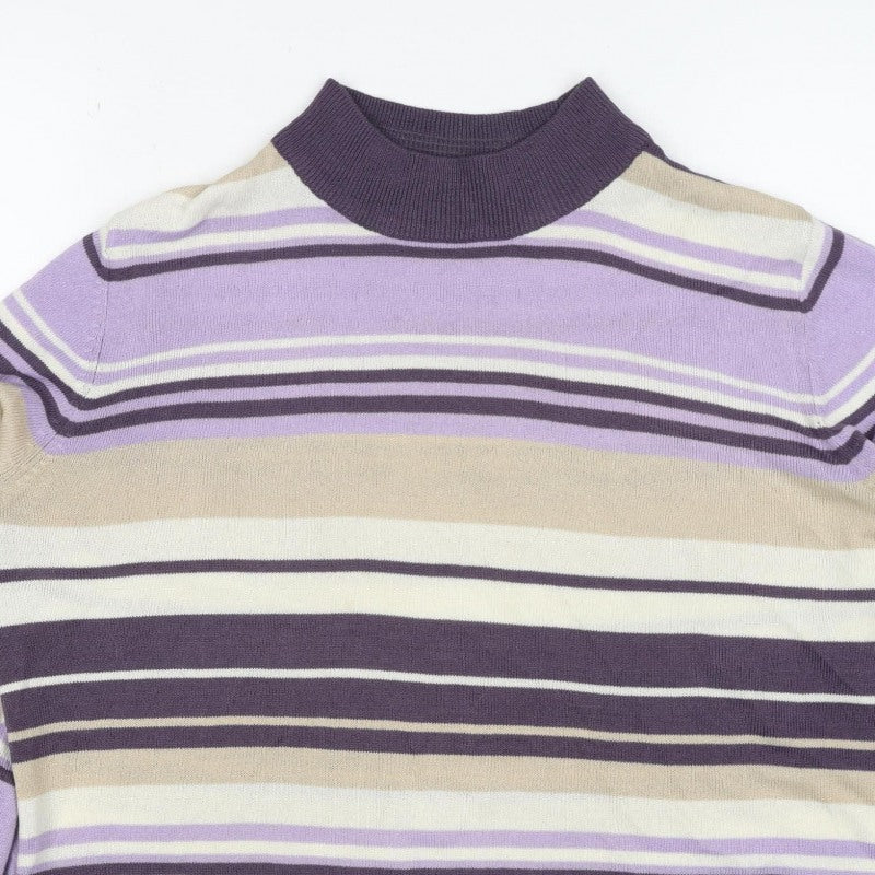 M&S Women Purple Striped Mock Neck Knit Pullover Jumper UK 14
