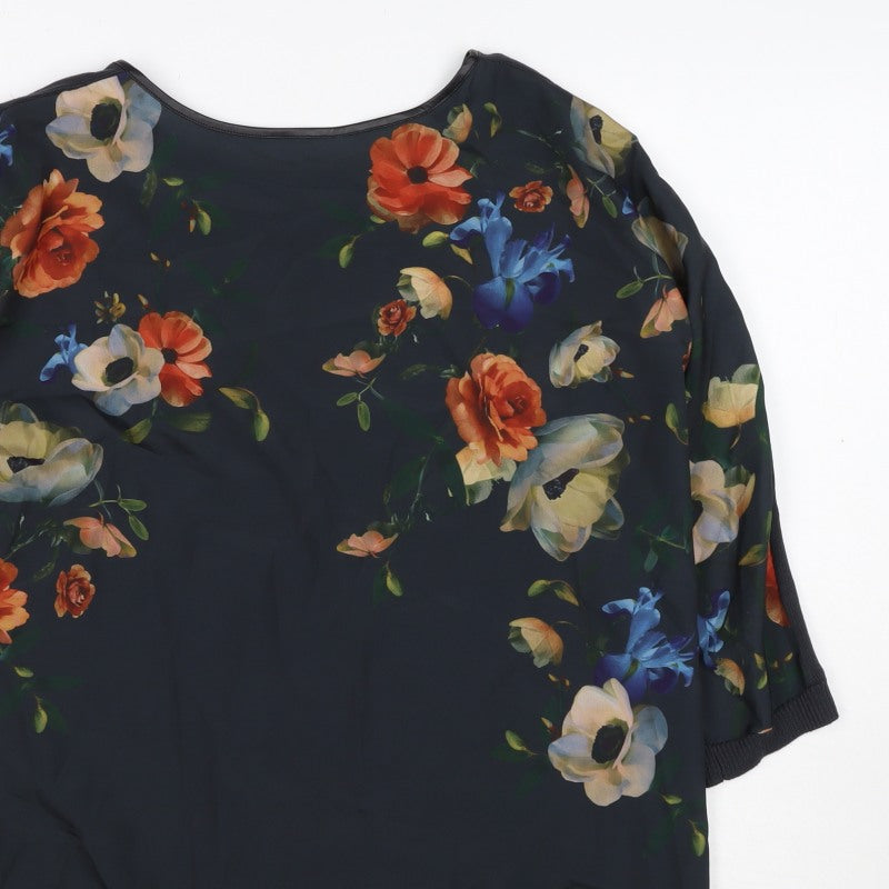 Oasis Women Black Size 8 Floral Back 3/4 Sleeve Knit Blouse
