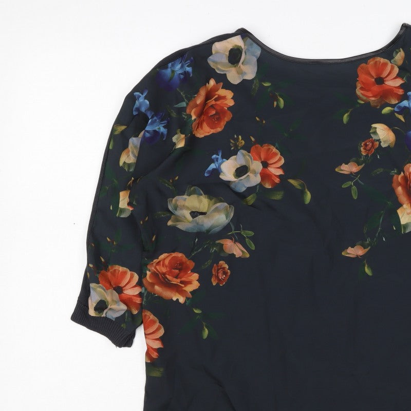 Oasis Women Black Size 8 Floral Back 3/4 Sleeve Knit Blouse