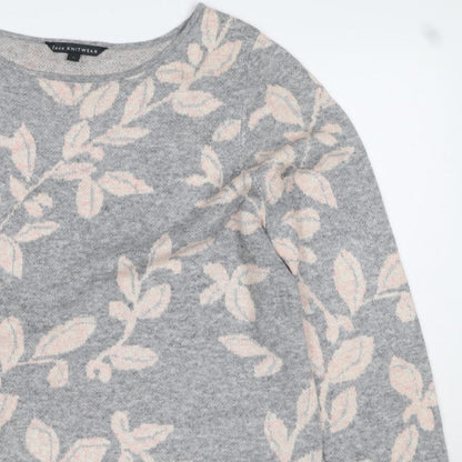 Bonmarché Women Grey Pink Floral Knit Jumper Size 16 Round Neck