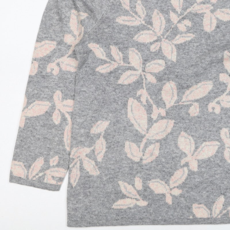 Bonmarché Women Grey Pink Floral Knit Jumper Size 16 Round Neck