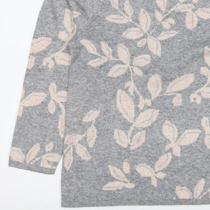 Bonmarché Women Grey Pink Floral Knit Jumper Size 16 Round Neck
