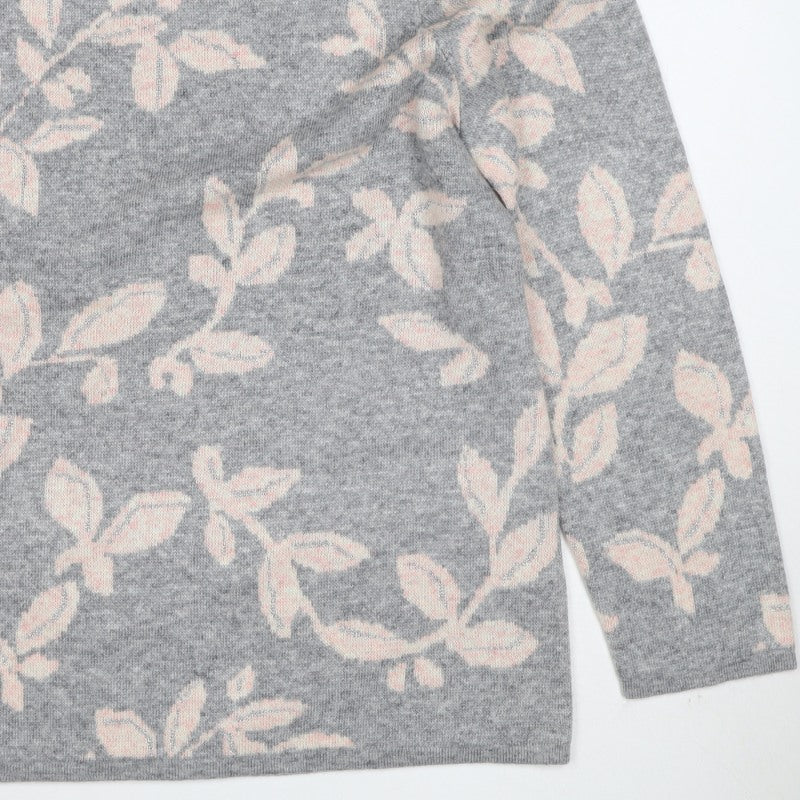 Bonmarché Women Grey Pink Floral Knit Jumper Size 16 Round Neck