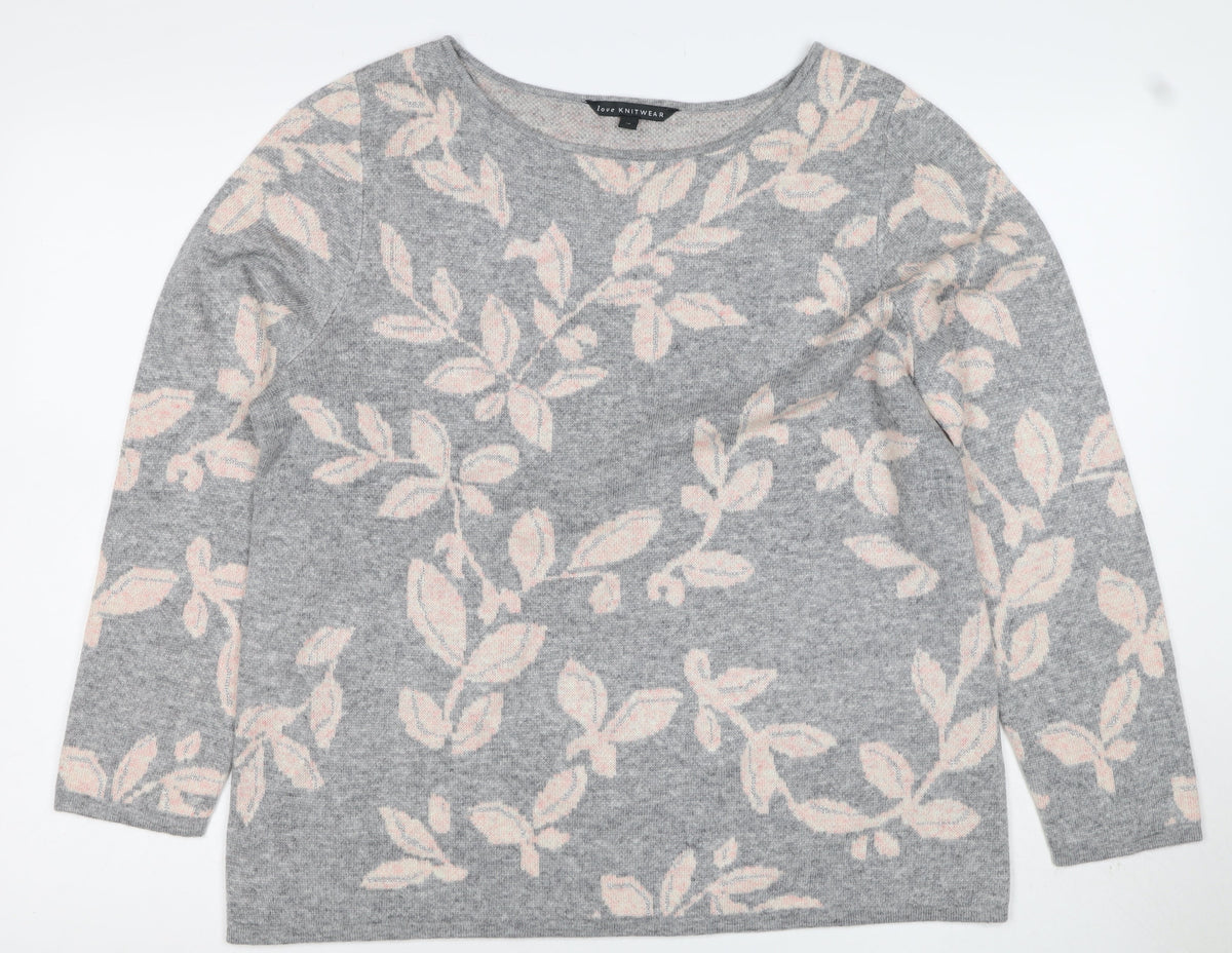 Bonmarché Women Grey Pink Floral Knit Jumper Size 16 Round Neck
