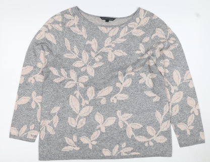 Bonmarché Women Grey Pink Floral Knit Jumper Size 16 Round Neck