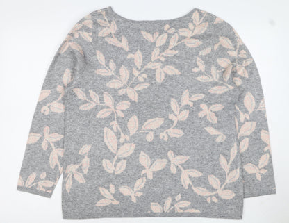 Bonmarché Women Grey Pink Floral Knit Jumper Size 16 Round Neck