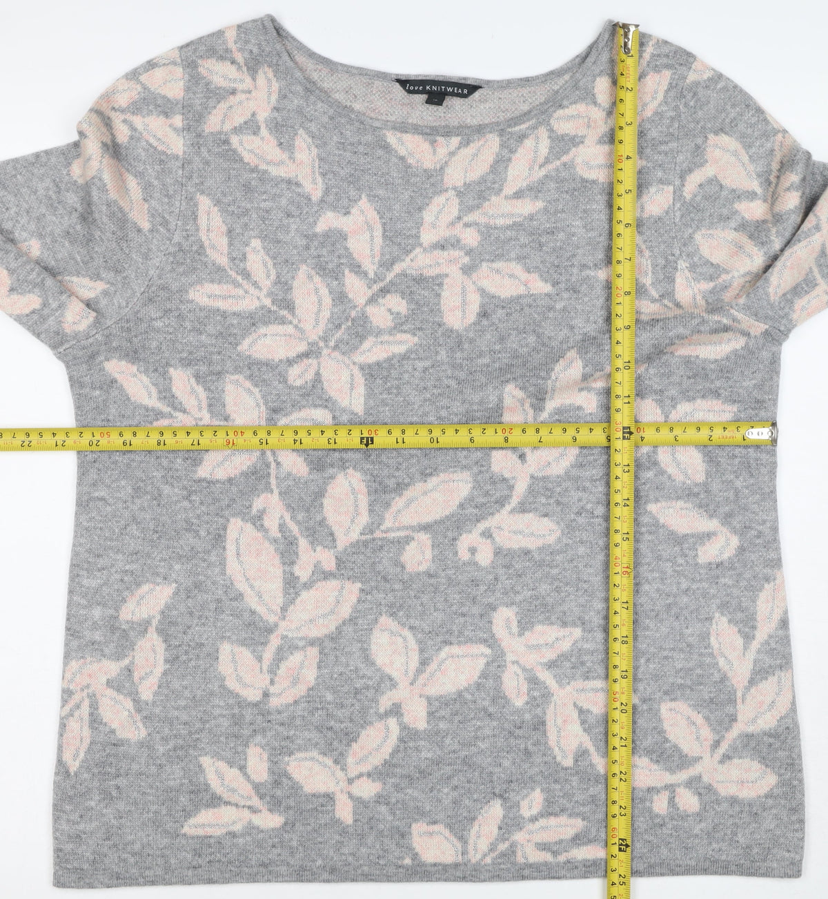 Bonmarché Women Grey Pink Floral Knit Jumper Size 16 Round Neck