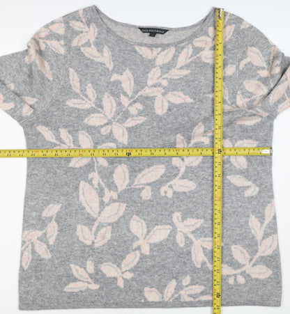 Bonmarché Women Grey Pink Floral Knit Jumper Size 16 Round Neck