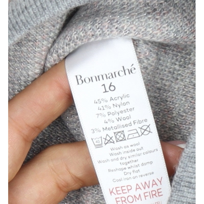 Bonmarché Women Grey Pink Floral Knit Jumper Size 16 Round Neck