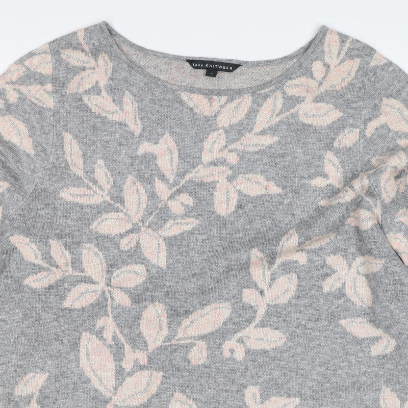 Bonmarché Women Grey Pink Floral Knit Jumper Size 16 Round Neck