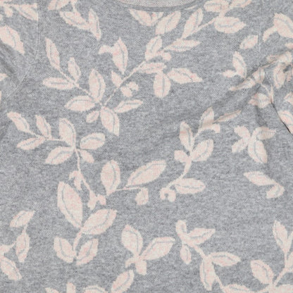 Bonmarché Women Grey Pink Floral Knit Jumper Size 16 Round Neck