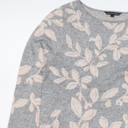 Bonmarché Women Grey Pink Floral Knit Jumper Size 16 Round Neck