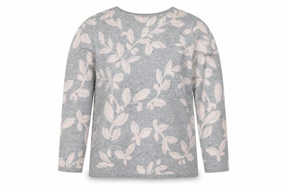 Bonmarché Women Grey Pink Floral Knit Jumper Size 16 Round Neck