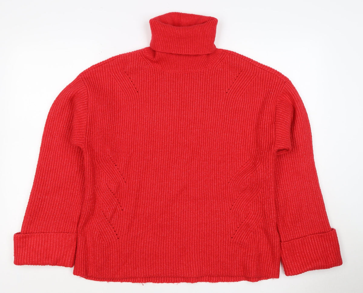 M&S Women Red Medium Roll Neck Cable Knit Pullover Jumper