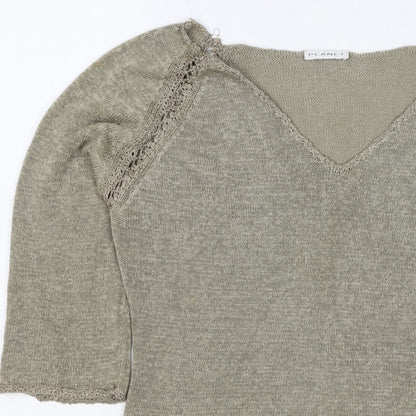Planet Women Grey L V-Neck Open Knit 3/4 Sleeve Pullover Jumper