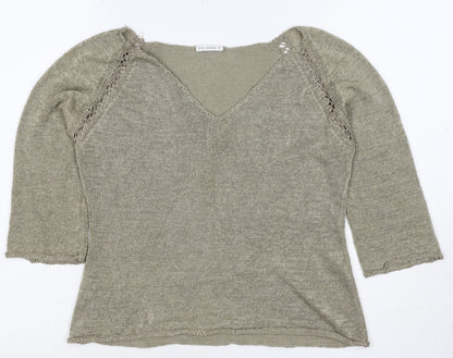 Planet Women Grey L V-Neck Open Knit 3/4 Sleeve Pullover Jumper