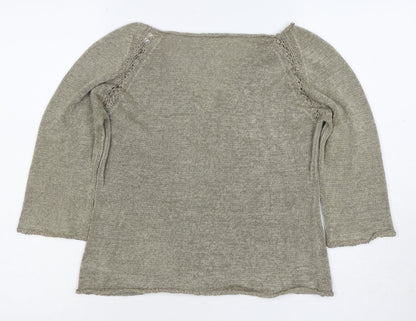 Planet Women Grey L V-Neck Open Knit 3/4 Sleeve Pullover Jumper