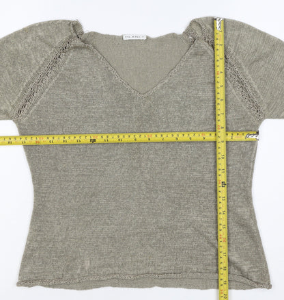 Planet Women Grey L V-Neck Open Knit 3/4 Sleeve Pullover Jumper
