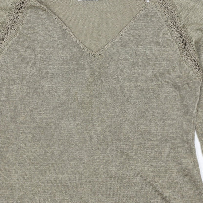 Planet Women Grey L V-Neck Open Knit 3/4 Sleeve Pullover Jumper