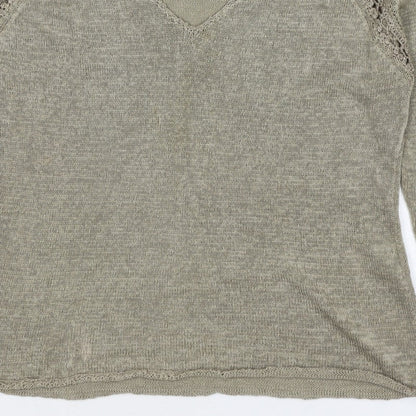 Planet Women Grey L V-Neck Open Knit 3/4 Sleeve Pullover Jumper