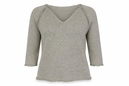 Planet Women Grey L V-Neck Open Knit 3/4 Sleeve Pullover Jumper