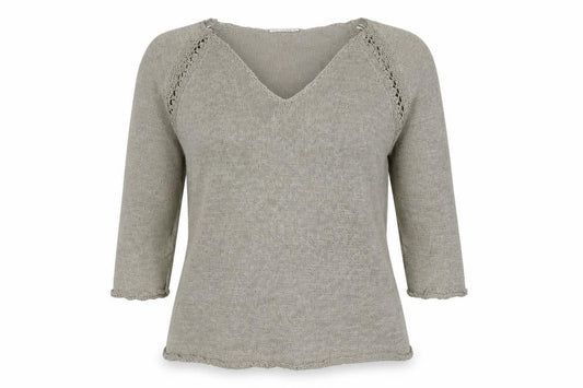 Planet Women Grey L V-Neck Open Knit 3/4 Sleeve Pullover Jumper