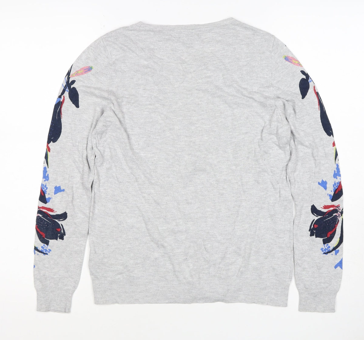 Next Petite Women Grey Floral Sleeve Knit Jumper UK 12 Round Neck