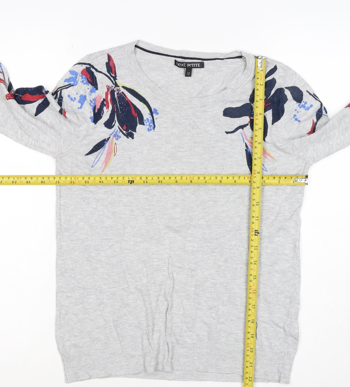 Next Petite Women Grey Floral Sleeve Knit Jumper UK 12 Round Neck