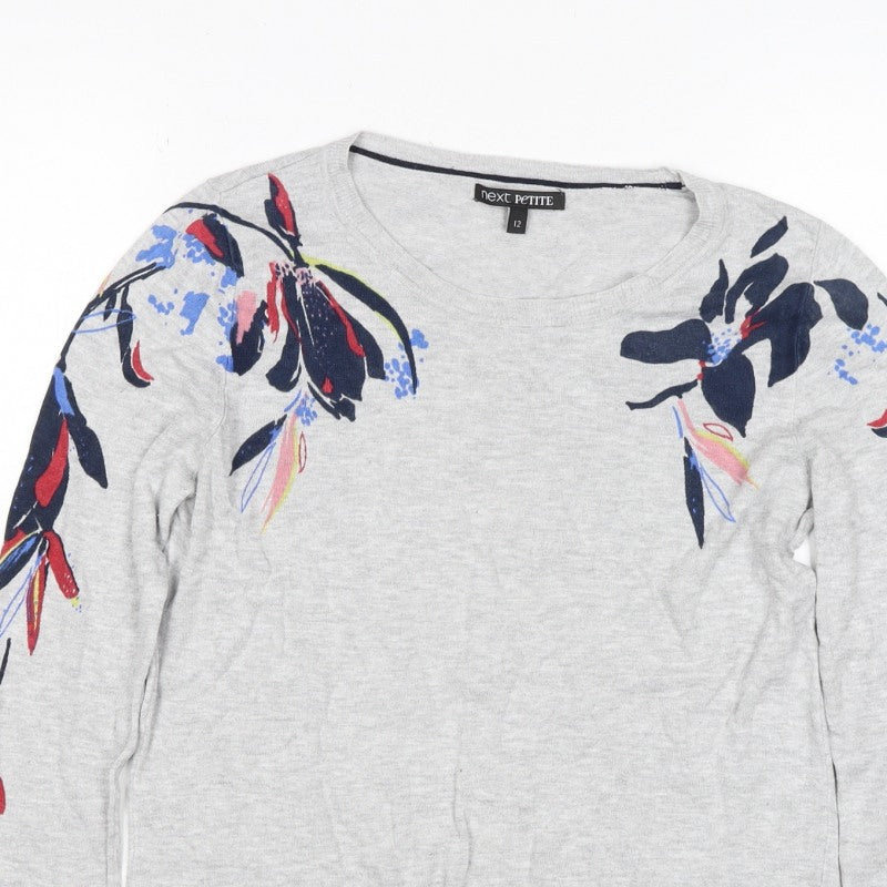 Next Petite Women Grey Floral Sleeve Knit Jumper UK 12 Round Neck