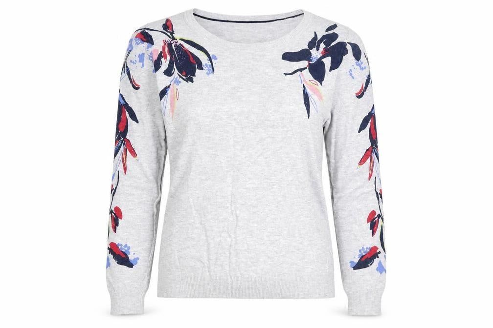 Next Petite Women Grey Floral Sleeve Knit Jumper UK 12 Round Neck