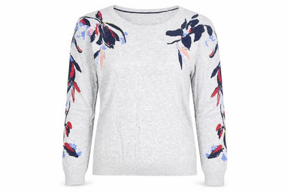 Next Petite Women Grey Floral Sleeve Knit Jumper UK 12 Round Neck