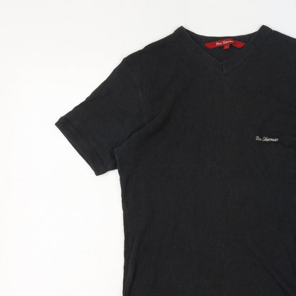 Ben Sherman Women's Black L Ribbed V-Neck Slim Fit Short Sleeve T-Shirt