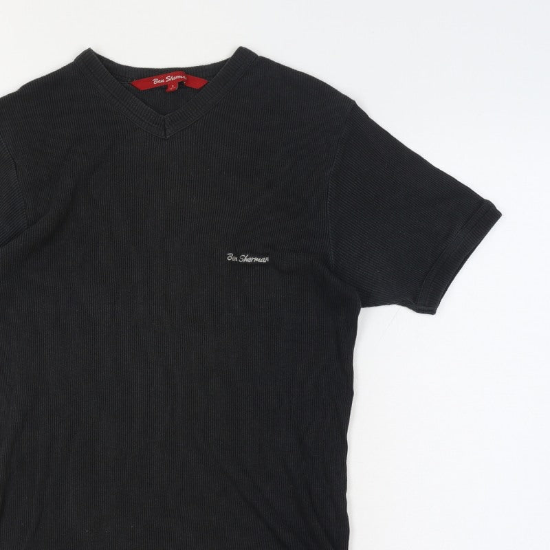 Ben Sherman Women's Black L Ribbed V-Neck Slim Fit Short Sleeve T-Shirt